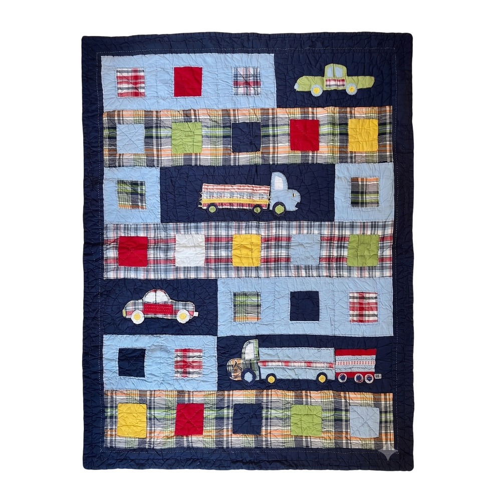 Pottery Barn Kids Vintage Twin Quilt Cars Trucks Plaid Patchwork Boys Nursery